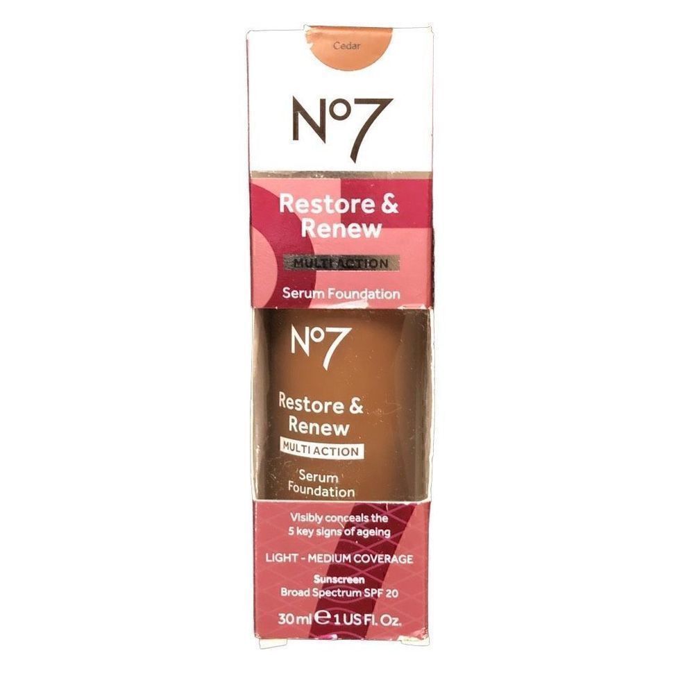 No7 Restore & Renew Multi Action Serum Foundation Cedar, 1 fl oz ea, NIB